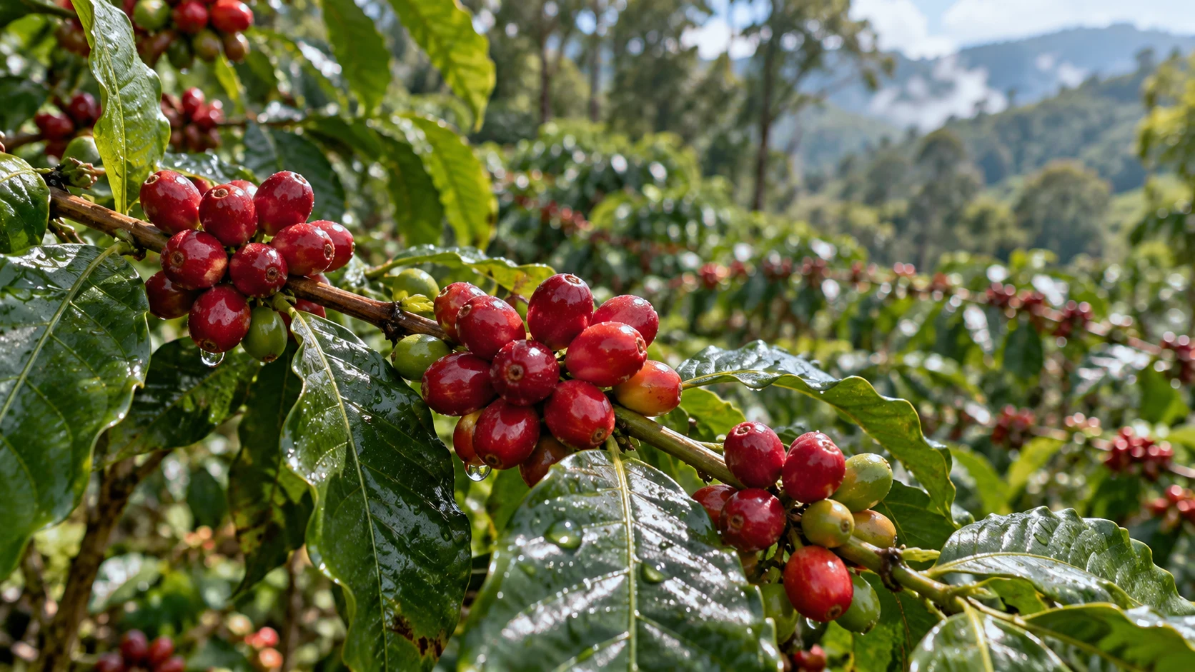 Ripe coffee cherries on the branch