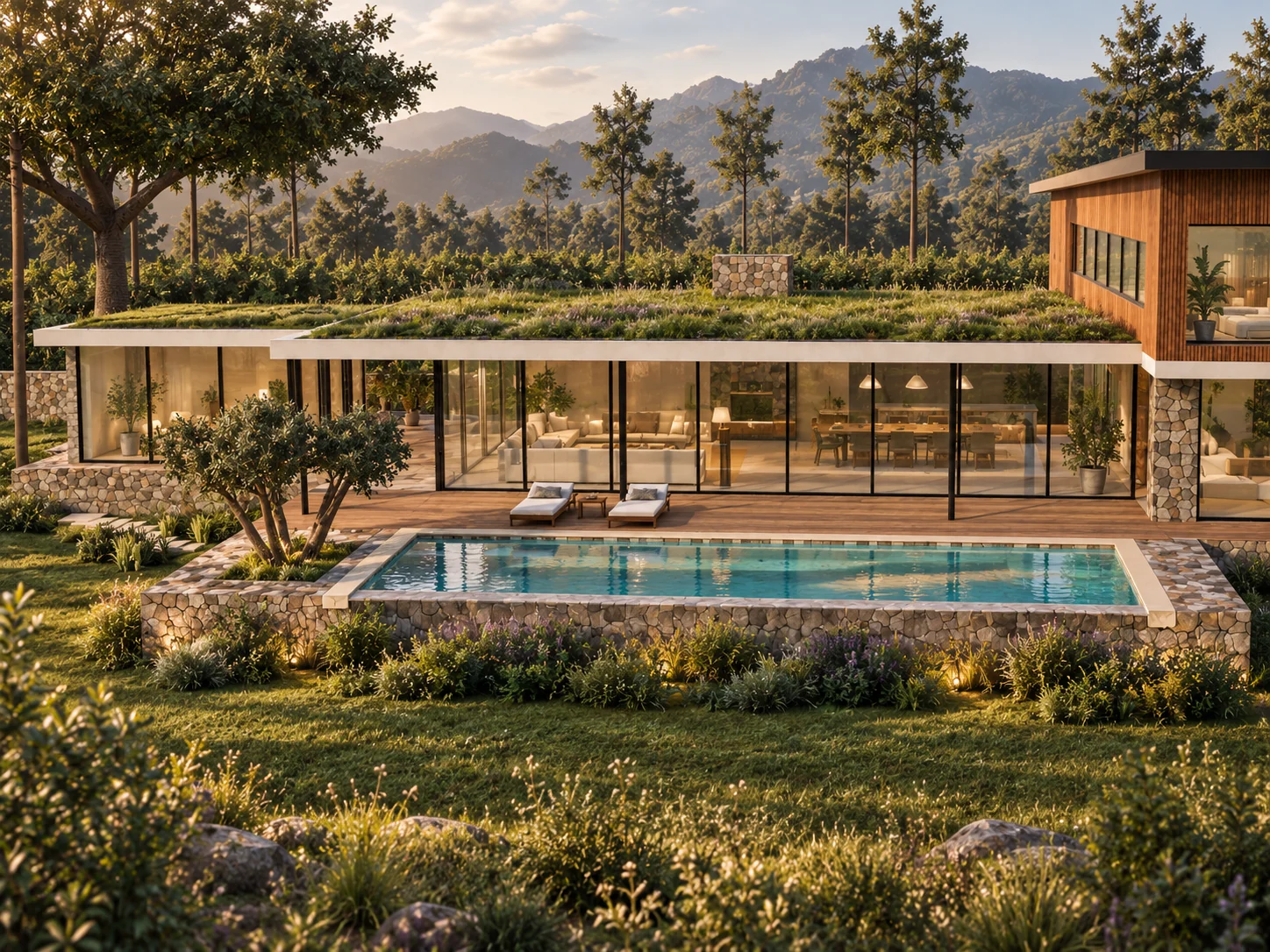 A glass living pavilion opening onto a terrace and pool