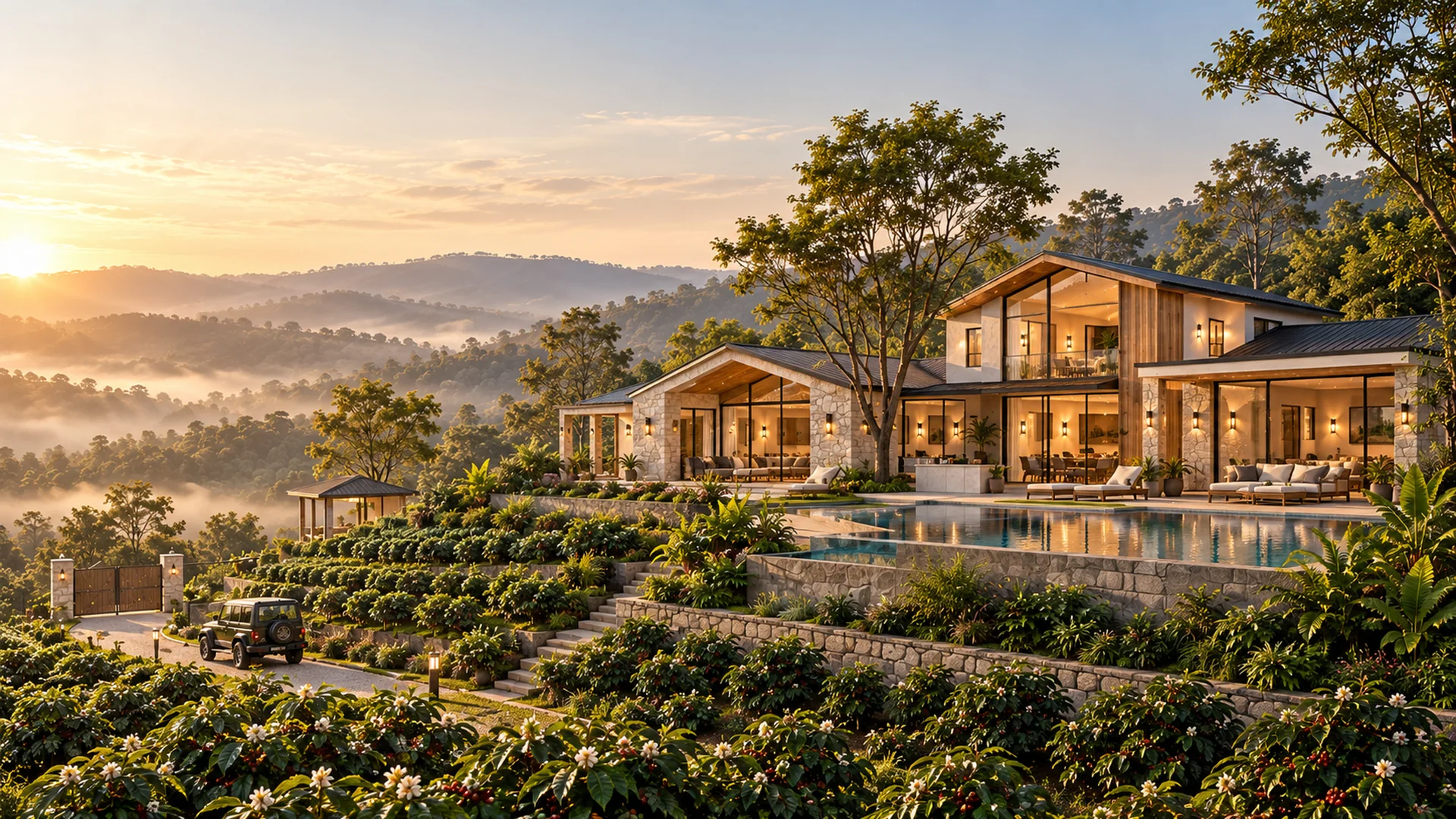 The Reserve bungalow on terraced coffee, with the estate gate and misty hills