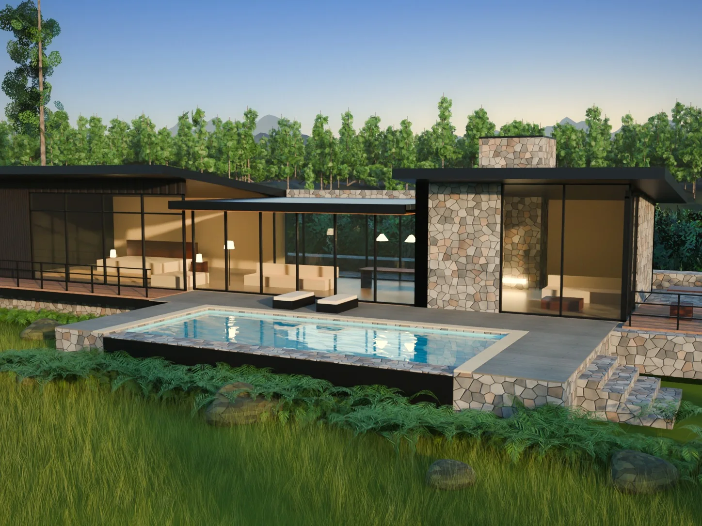The glazed living room and stone pavilion of the Forest Residence, opening onto the pool terrace
