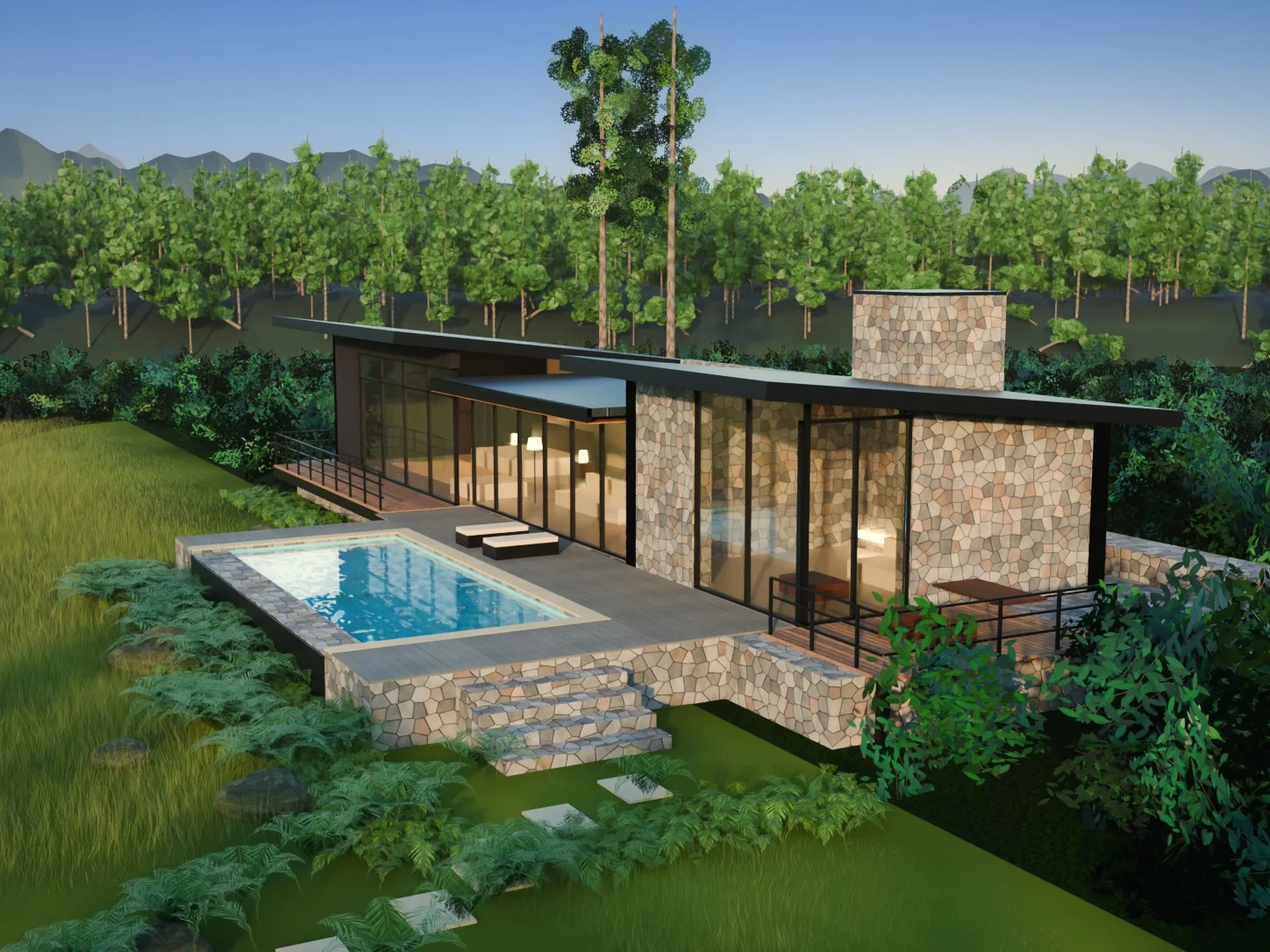 The Forest Residence from the garden side, with fern beds along the granite terrace