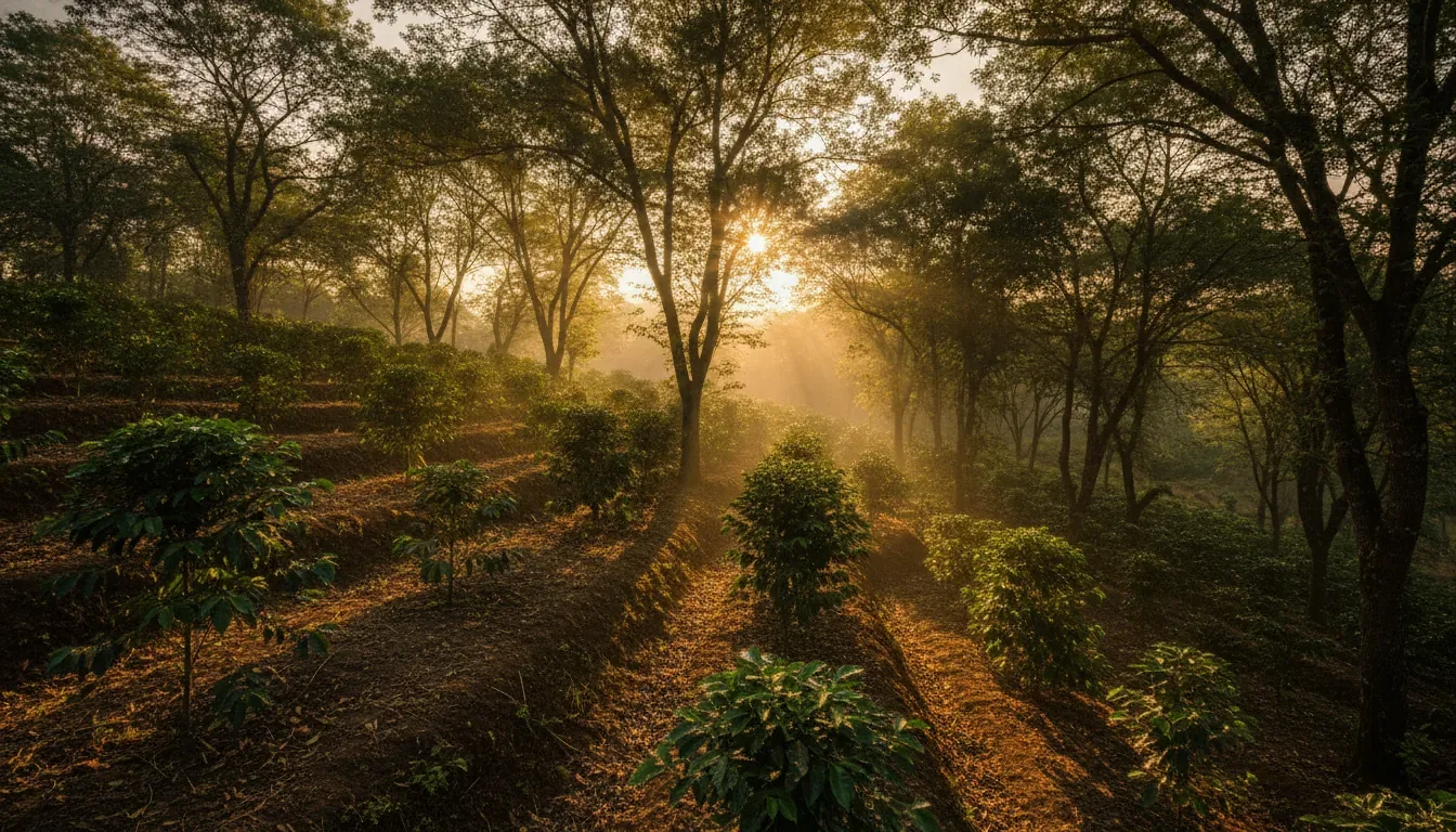 Two coffee estates of the same acreage seen across a valley in Sakleshpur