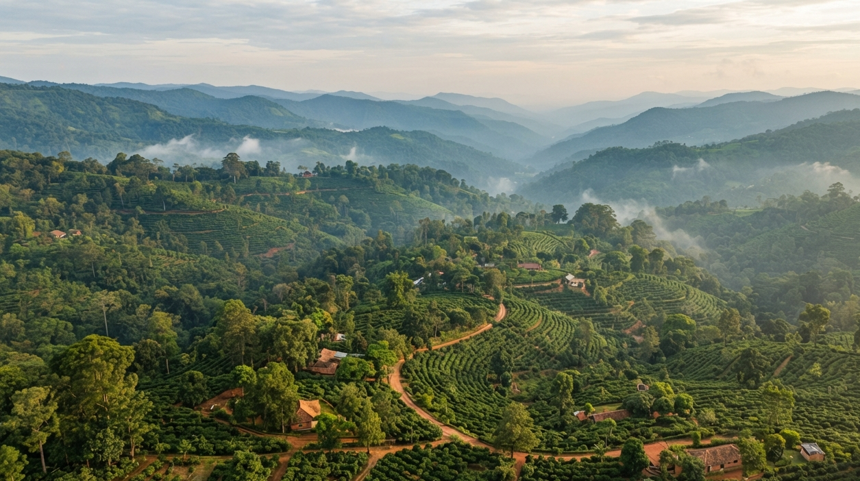 Rolling coffee estates in Karnataka's hill country across the Hassan