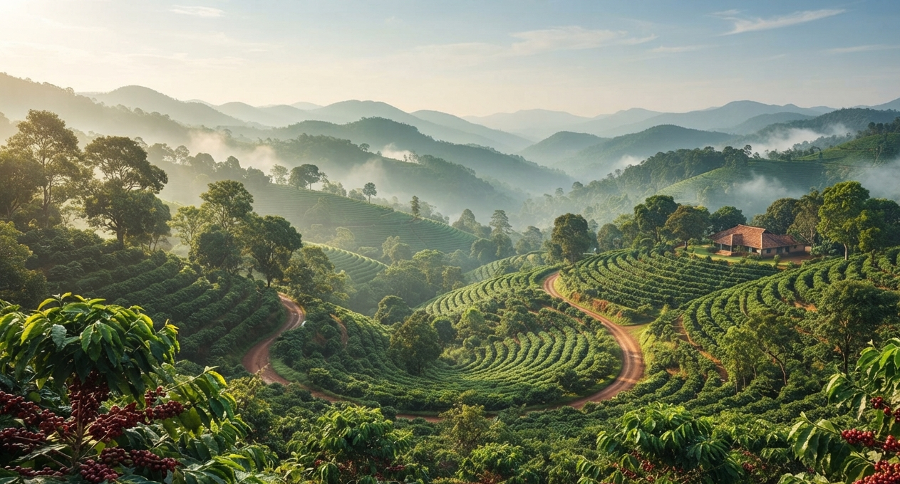 Lush coffee estate in the hills of Coorg (Kodagu) with ripe red cherries