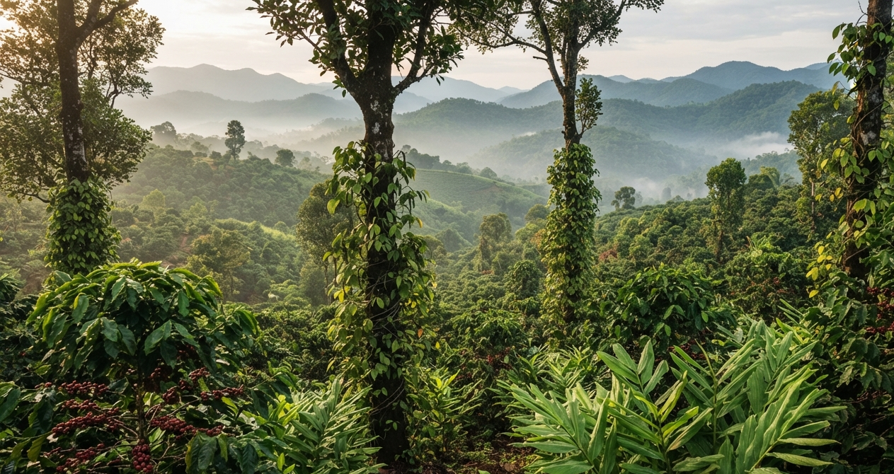 Coorg plantation intercropping coffee, pepper vines and cardamom