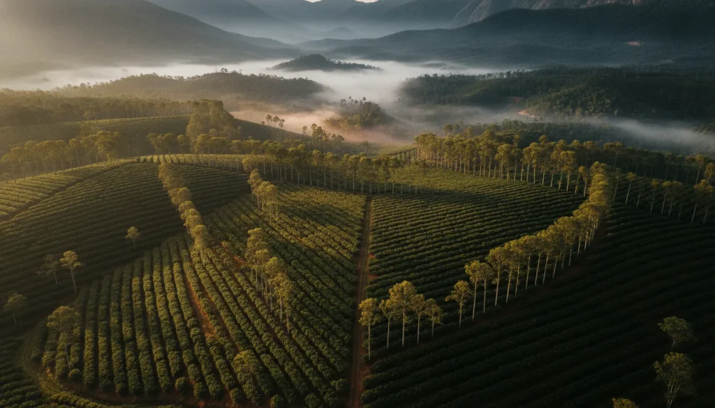 Misty sunrise over Sakleshpur coffee plantations