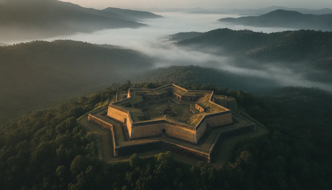 Manjarabad Fort above misty forested hills