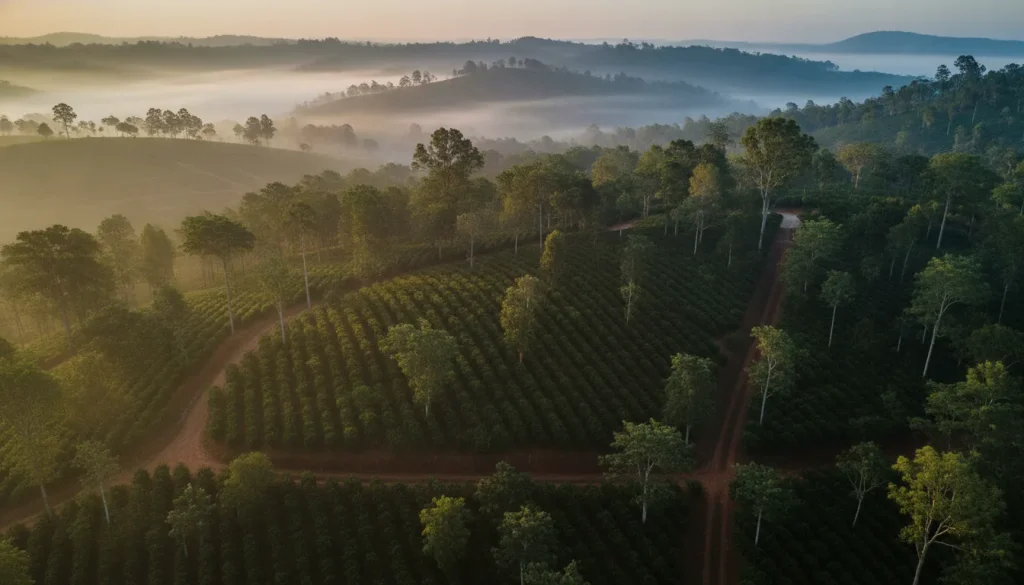 Sunrise over misty Sakleshpur coffee plantations