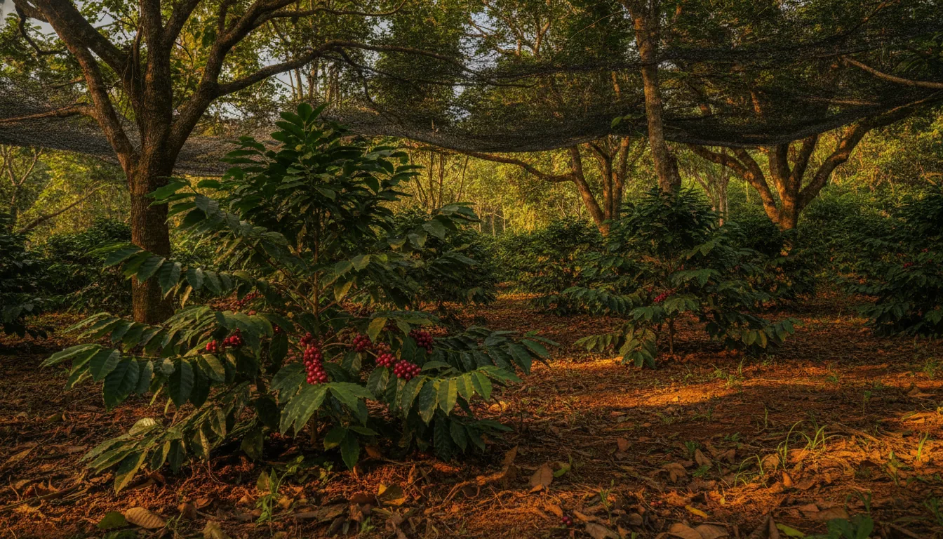 Coffee cherries growing beneath plantation trees