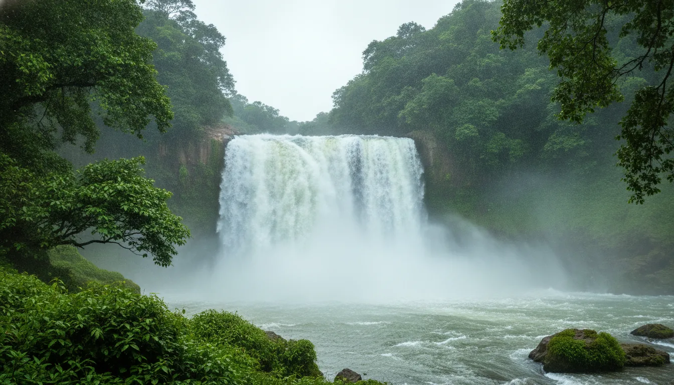 Wide waterfall cascading through lush Sakleshpur forest