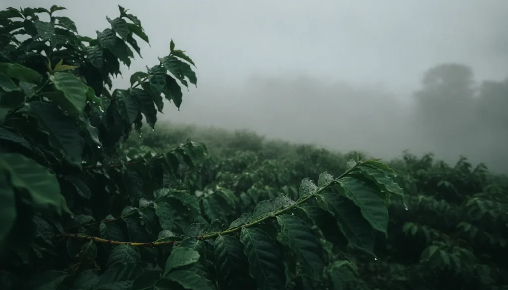 Dew-covered coffee leaves in misty plantation fog