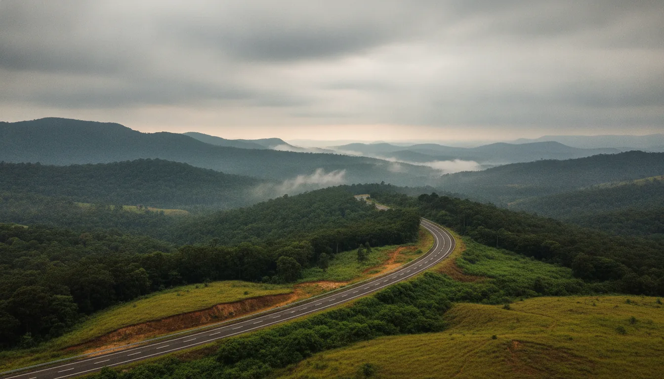 Winding road through Sakleshpur's misty hills.