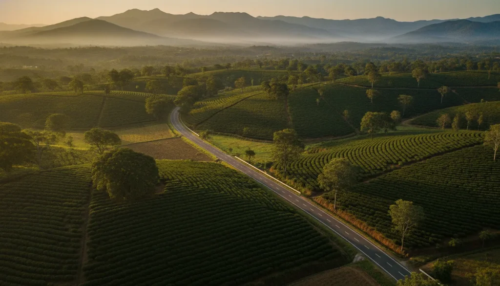 Golden-hour road winding through Sakleshpur's coffee plantations