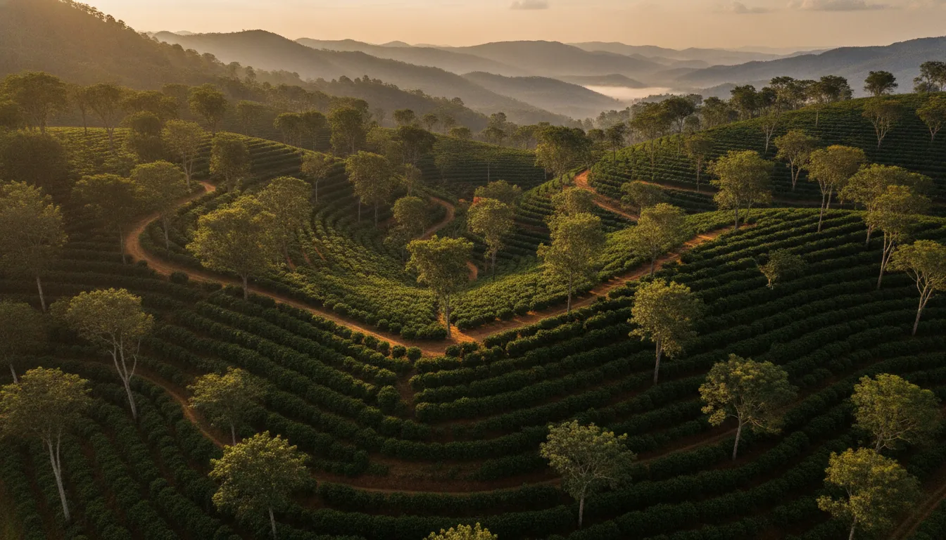 Sunrise over winding coffee plantation trails