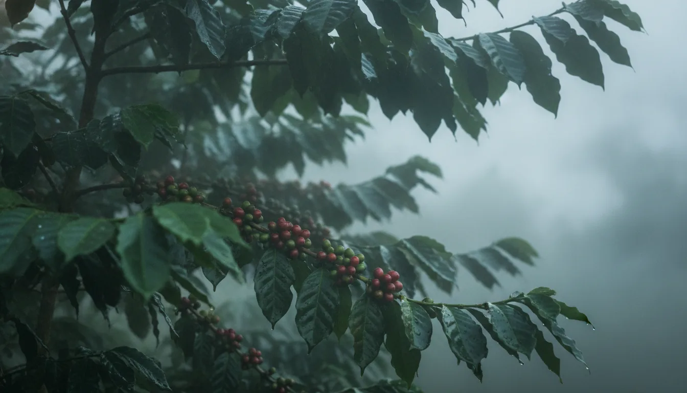 Coffee cherries growing on a misty branch