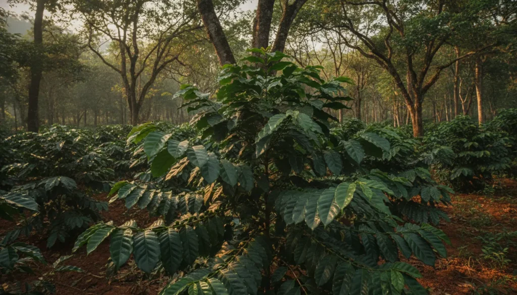 Lush coffee plants growing beneath shade trees