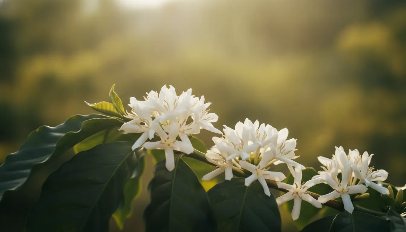 White coffee blossoms against sunlit green foliage