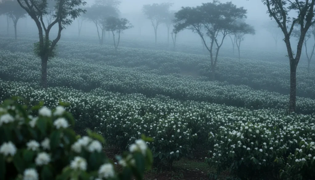 White coffee blossoms covering a misty plantation