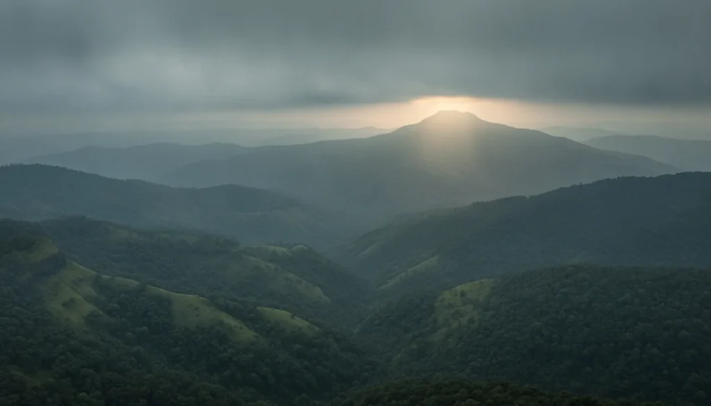 Sunrise over forested Malnad mountain ranges