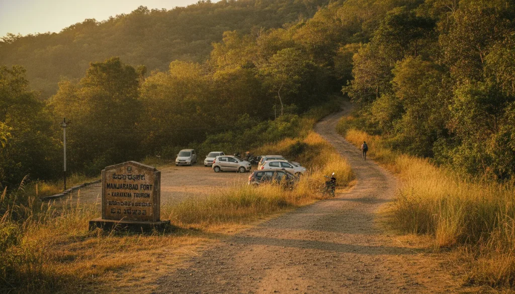 Manjarabad Fort entrance amid golden forest hills